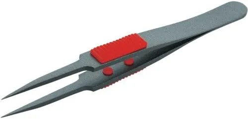 TRUSCO Tweezers with Rubber Grip, Fluorine Coated, 4.5 inches (115 mm), Ultra Fine Point, TSP-224 x 10 Pieces (Case Sale)