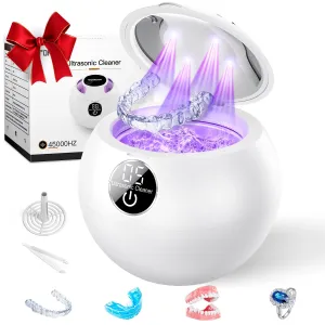 Ultrasonic Retainer Cleaner Machine,45kHz Ultrasonic Cleaner,UV Lamp 360°Cleaning for Dentures,Mouth Guard,Jewelry,Braces,Toothbrush Heads with 250 ML Dental Cleaning Pod, 6 Modes,White