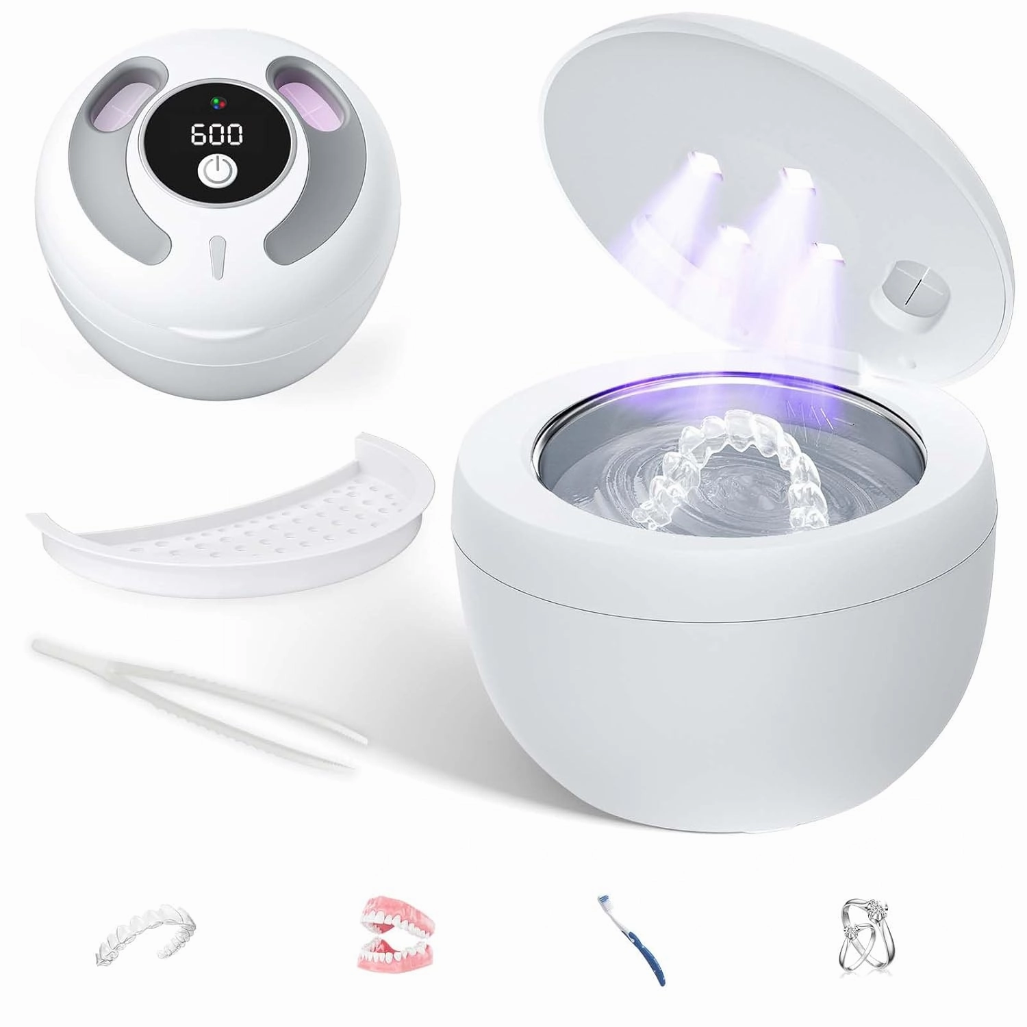 Ultrasonic Retainer Cleaner(2025 Upgraded), 45kHz Cleaning Machine for Dentures, Mouth Guards, Braces, Toothbrush & Jewelry, 200ML Denture Cleaner with 4 Modes for Dental Care - White