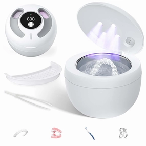 Ultrasonic Retainer Cleaner(2025 Upgraded), 45kHz Cleaning Machine for Dentures, Mouth Guards, Braces, Toothbrush & Jewelry, 200ML Denture Cleaner with 4 Modes for Dental Care - White