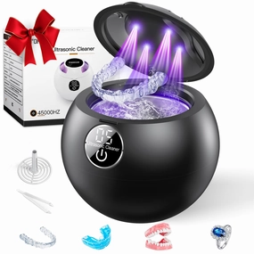 Ultrasonic Retainer Cleaner Machine,45kHz Ultrasonic Cleaner,UV Lamp 360°Cleaning for Dentures,Mouth Guard,Jewelry,Braces,Toothbrush Heads with 200 ML Dental Cleaning Pod, 3 Modes,Black