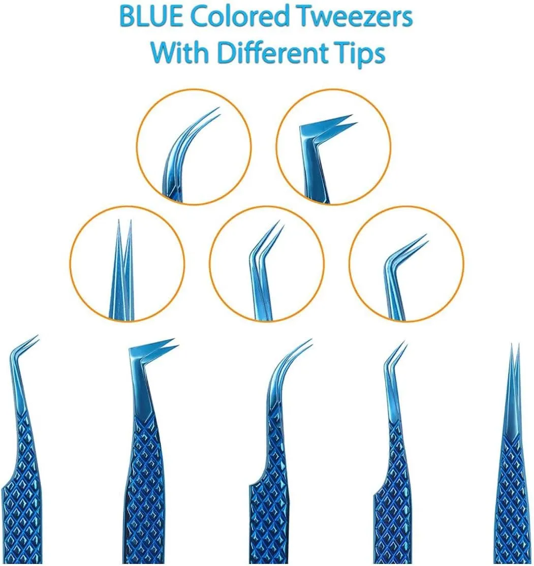 UM Supplies Eyelash Extension Tweezers pack of 5 | Professional Japanese Stainless Steel Tools | Straight | Curved | Angled | Tip 45 Degree | 90 Degree Volume Tweezers Precision Degree l Blue