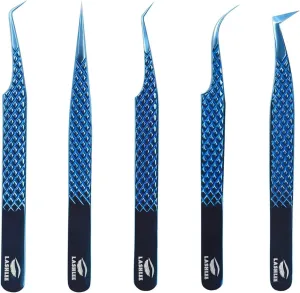 UM Supplies Eyelash Extension Tweezers pack of 5 | Professional Japanese Stainless Steel Tools | Straight | Curved | Angled | Tip 45 Degree | 90 Degree Volume Tweezers Precision Degree l Blue