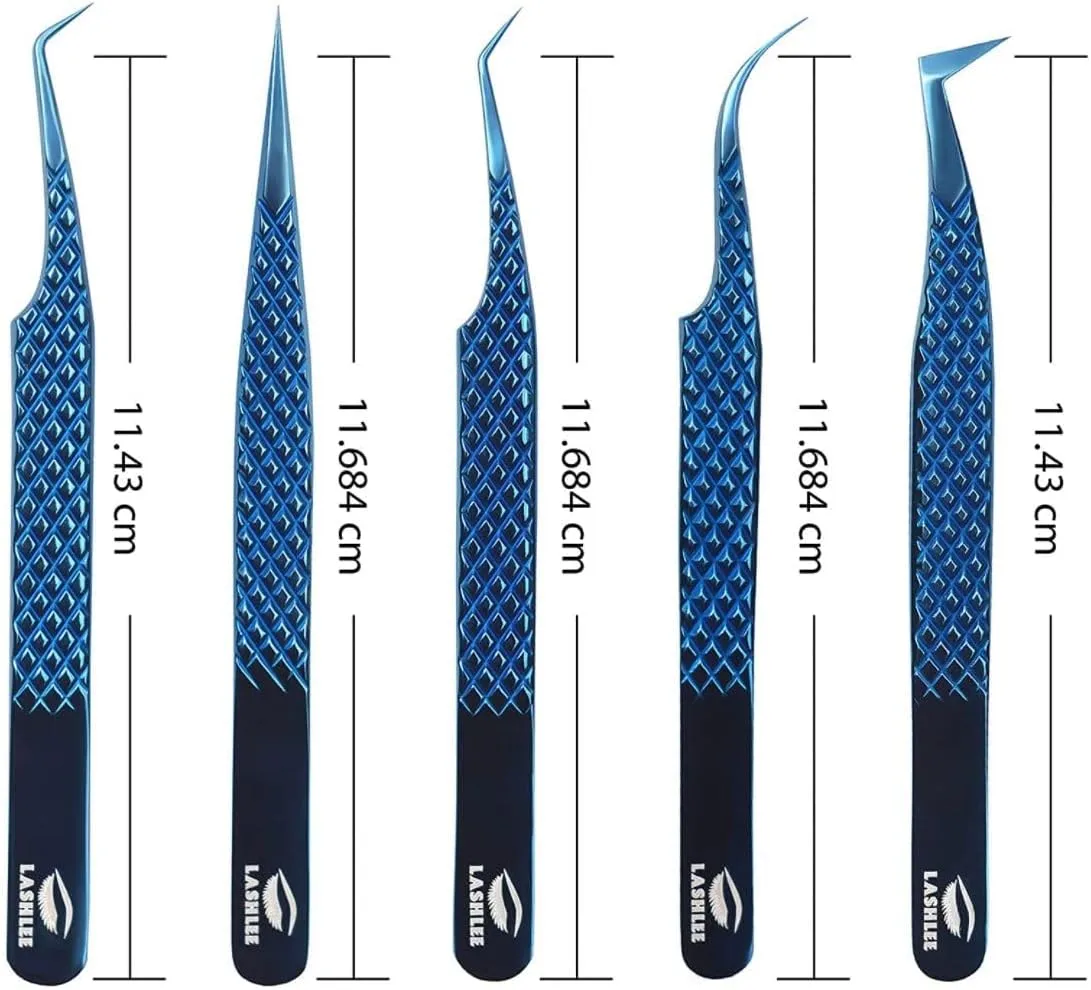 UM Supplies Eyelash Extension Tweezers pack of 5 | Professional Japanese Stainless Steel Tools | Straight | Curved | Angled | Tip 45 Degree | 90 Degree Volume Tweezers Precision Degree l Blue