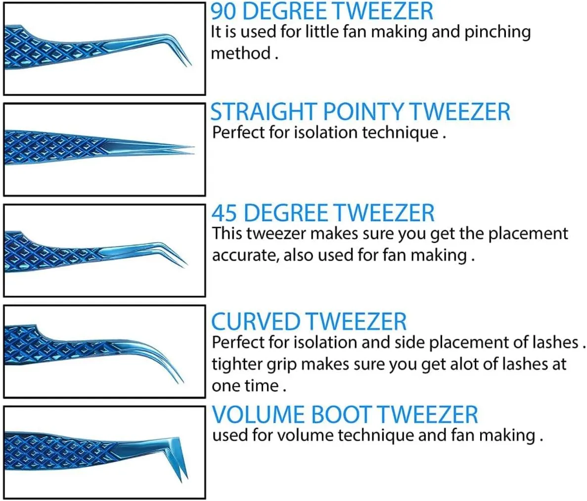 UM Supplies Eyelash Extension Tweezers pack of 5 | Professional Japanese Stainless Steel Tools | Straight | Curved | Angled | Tip 45 Degree | 90 Degree Volume Tweezers Precision Degree l Blue