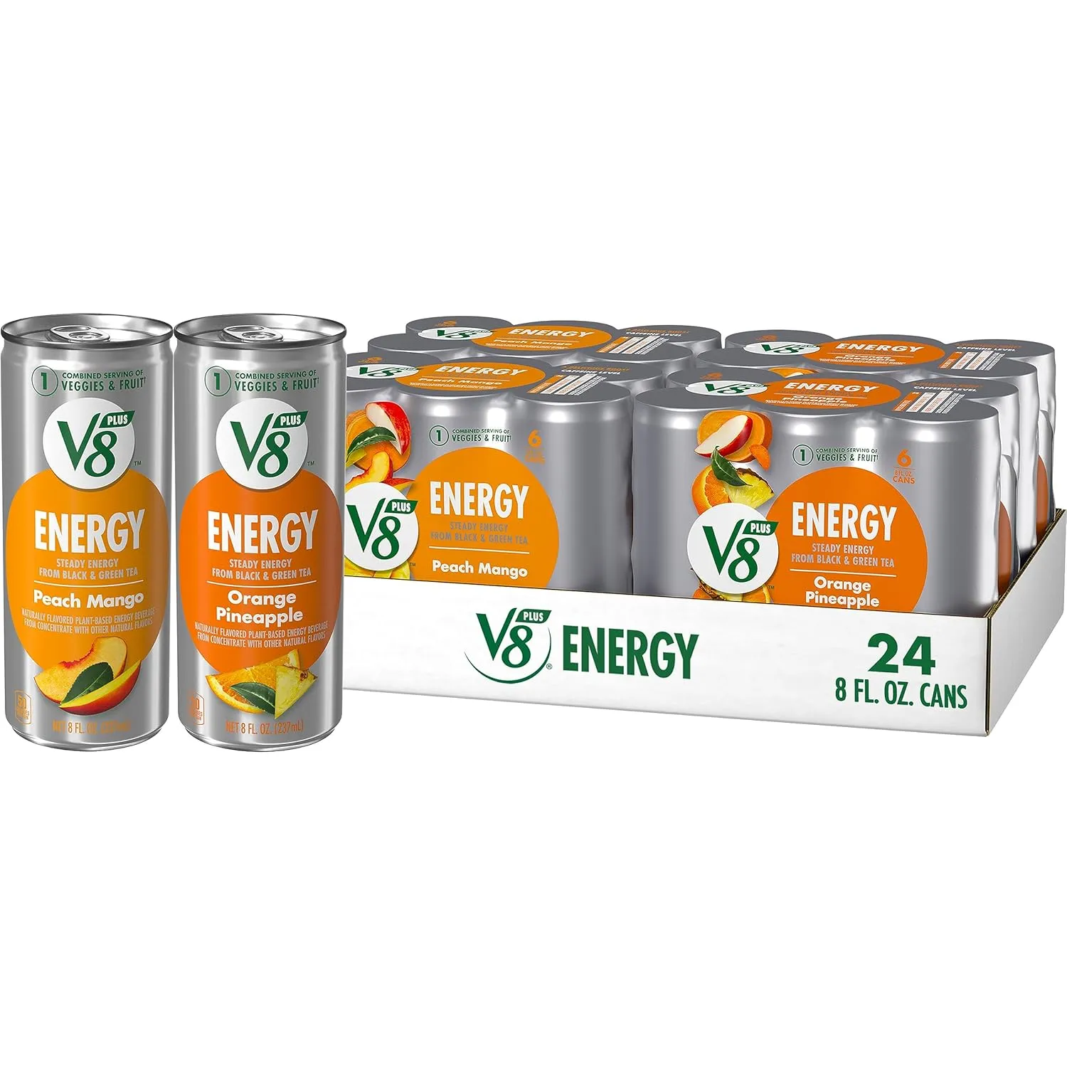 V8  Energy Peach Mango and Orange Pineapple Juice Energy Drinks, 8 fl oz Can (24 Pack)