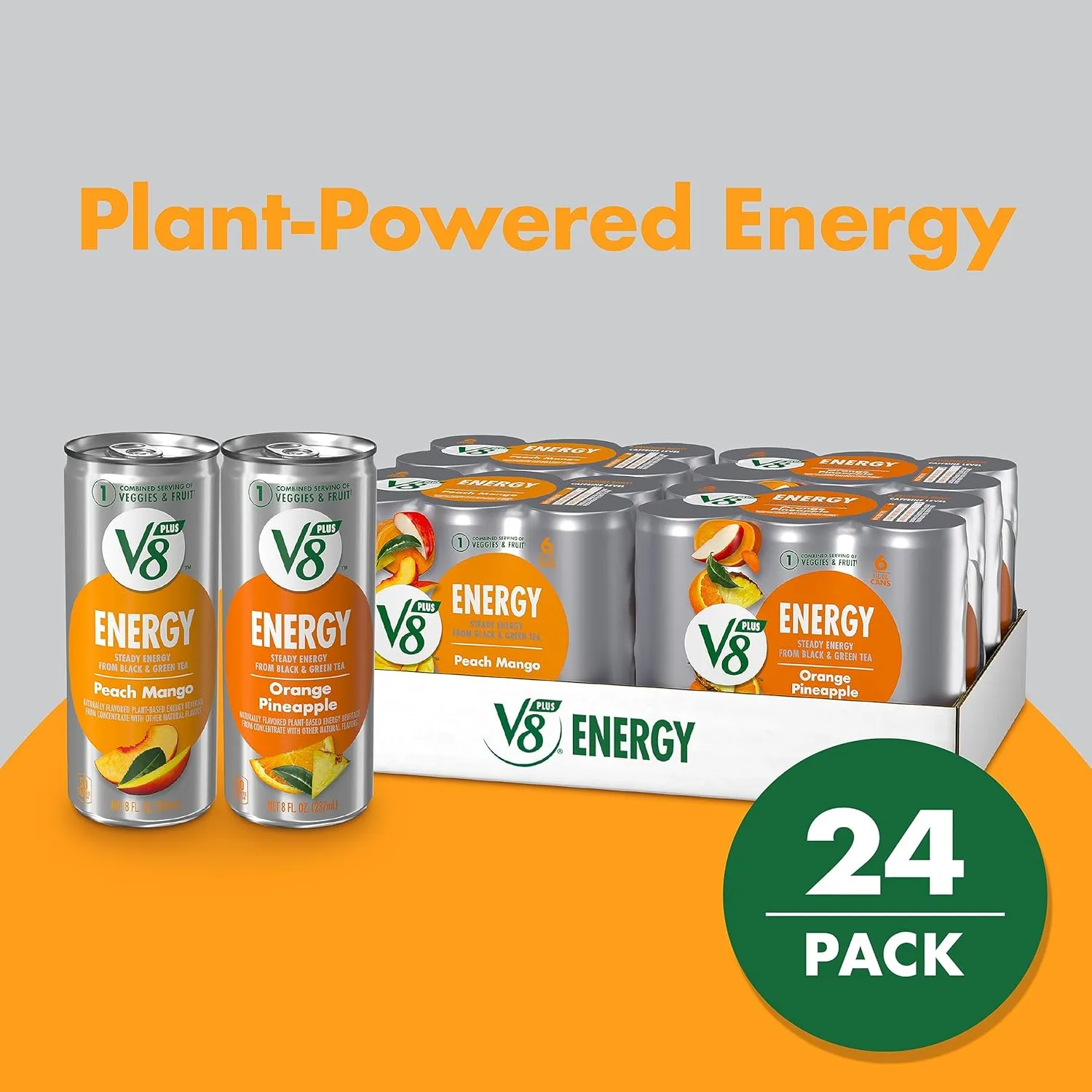 V8  Energy Peach Mango and Orange Pineapple Juice Energy Drinks, 8 fl oz Can (24 Pack)