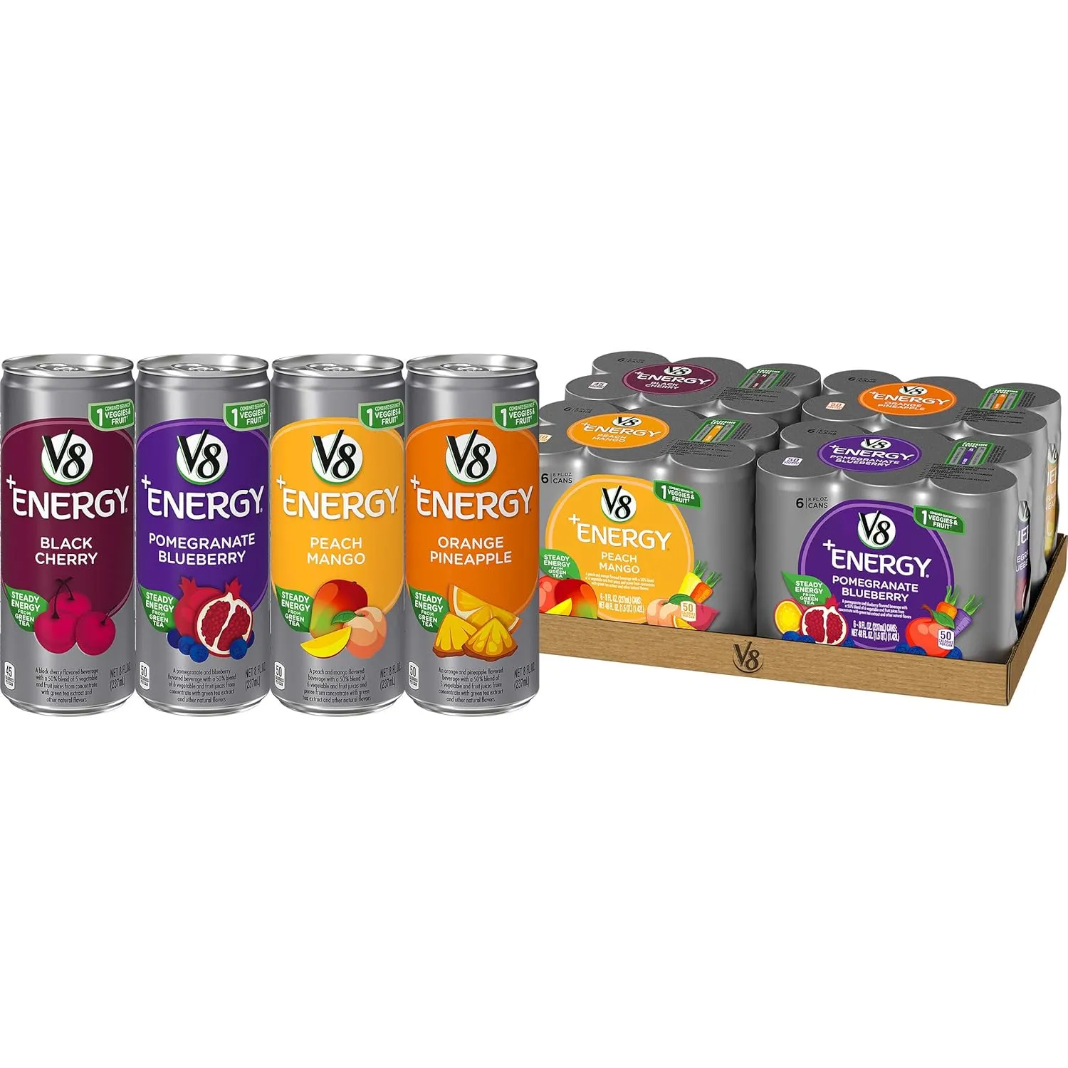 V8  Energy Variety Pack, Pomegranate Blueberry, Orange Pineapple, Peach Mango, Black Cherry,8 Fl Oz (Pack of 24)