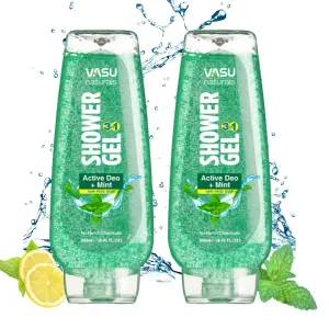 Vasu Naturals Active Deo   Mint Shower Gel | Deep Cleansing & Long-Lasting Freshness | Enriched with Menthol for a Cooling Effect | 24-Hour Odor Protection | Pack of 2