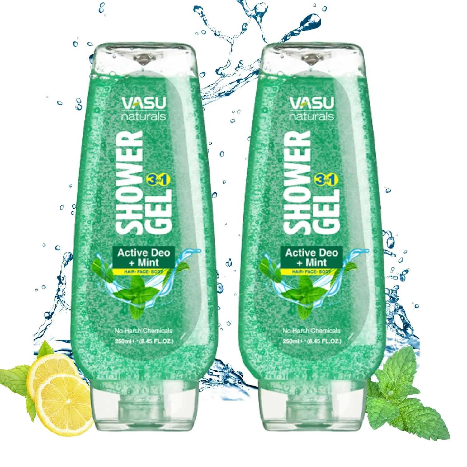 Vasu Naturals Active Deo   Mint Shower Gel | Deep Cleansing & Long-Lasting Freshness | Enriched with Menthol for a Cooling Effect | 24-Hour Odor Protection | Pack of 2