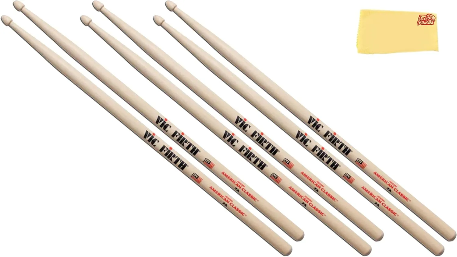 Vic Firth 7A American Classic Drum Sticks - 3 Pairs with Austin Bazaar Polishing Cloth