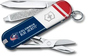 Victorinox Classic SD Swiss Army Knife – Compact 7 Function Swiss Made Pocket Knife with Small Blade, Screwdriver and Key Ring – Columbus Blue Jackets