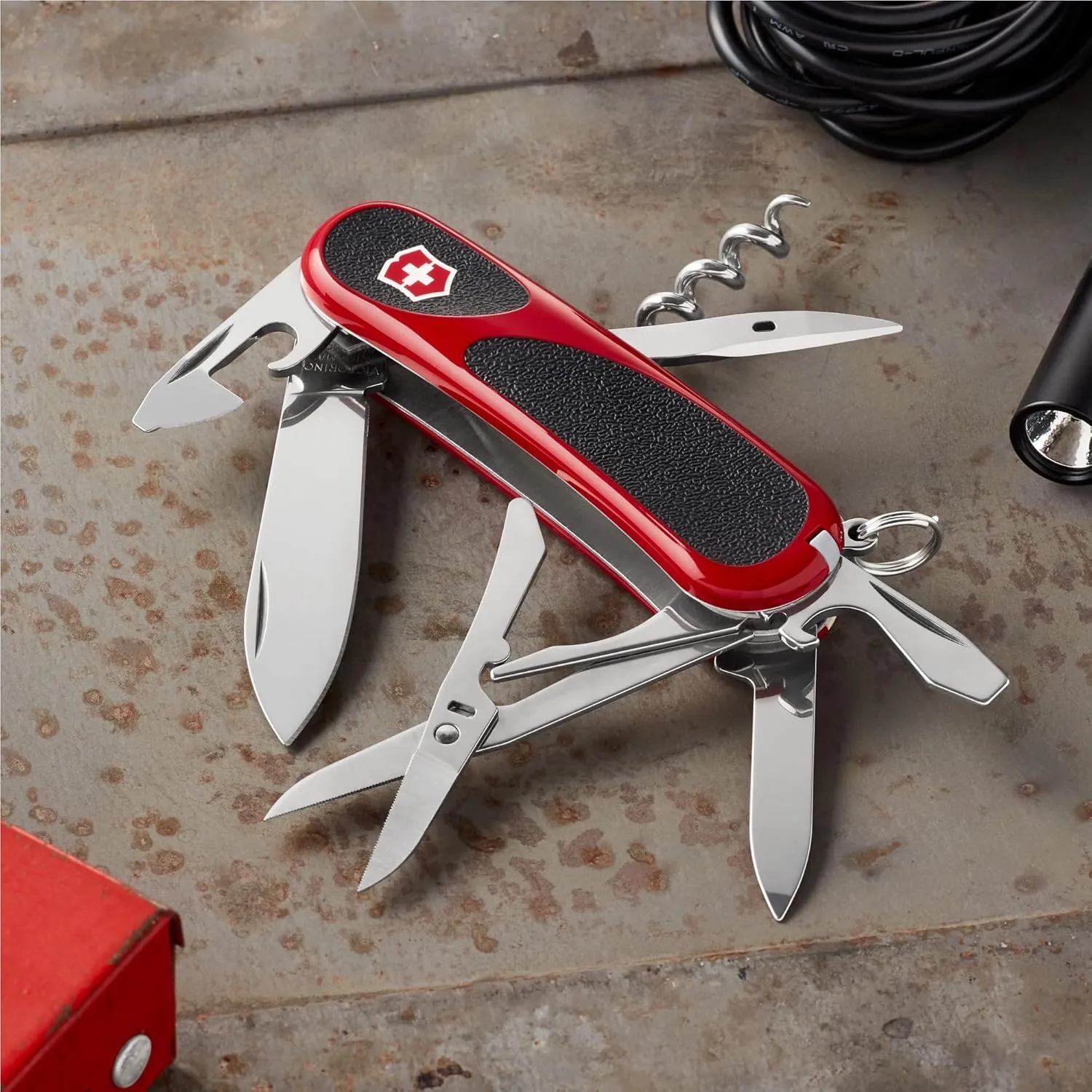 Victorinox Evolution 14 Grip Swiss Army Knife, 14 Functions, Swiss Made Pocket Knife with Large Blade, Screwdriver and Corkscrew - Red/Black