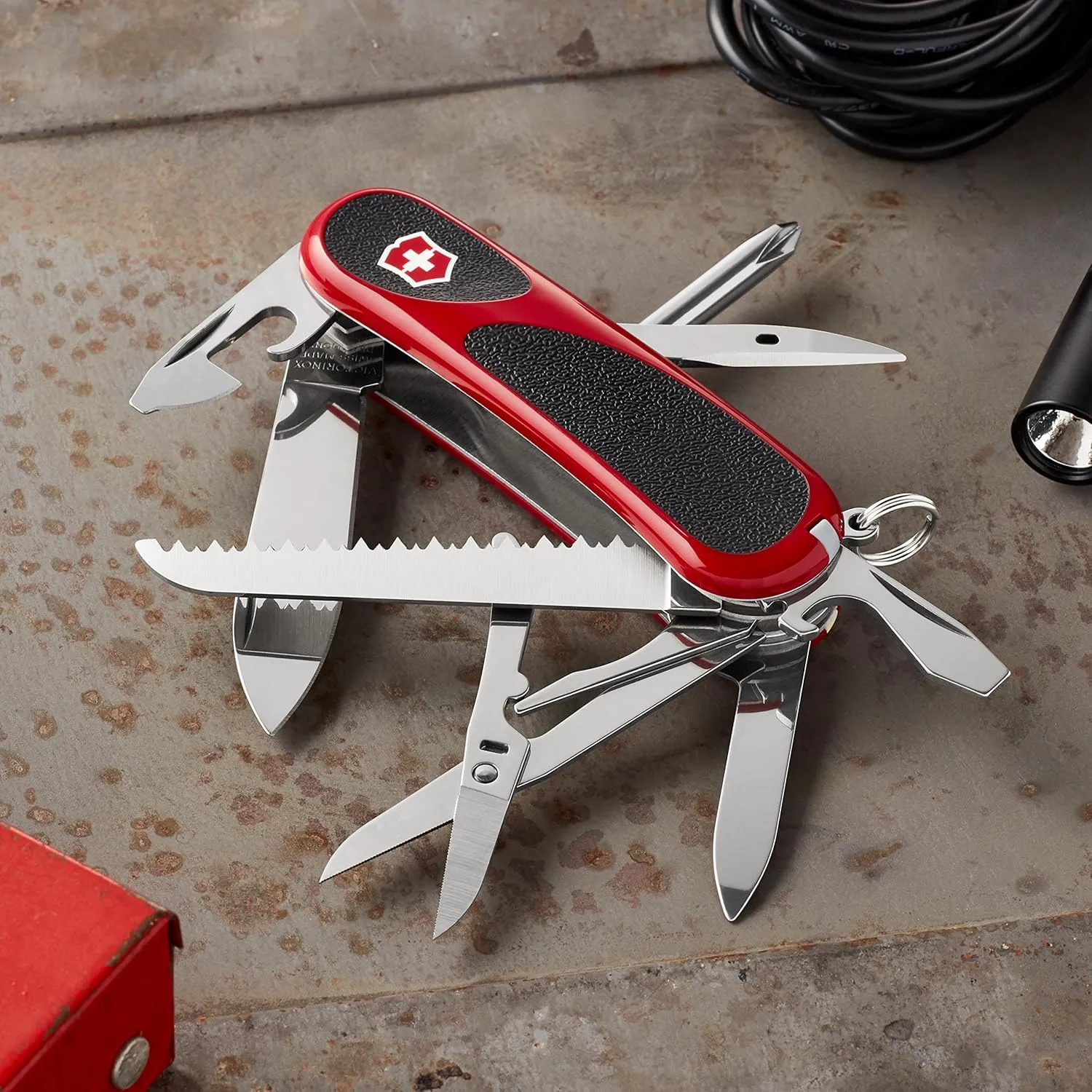 Victorinox Evolution 18 Grip Swiss Army Knife, 15 Functions, Swiss Made Pocket Knife with Large Blade, Screwdriver and Wood Saw - Red/Black