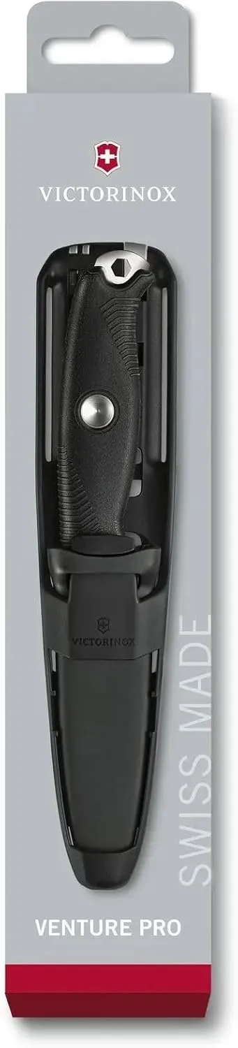 Victorinox Venture Pro Fixed-Blade Full Tang Stainless Steel Outdoor Knife - Bow Drill Divot, Durable Black Handle, Swiss Army Design, Ideal for Camping and Survival