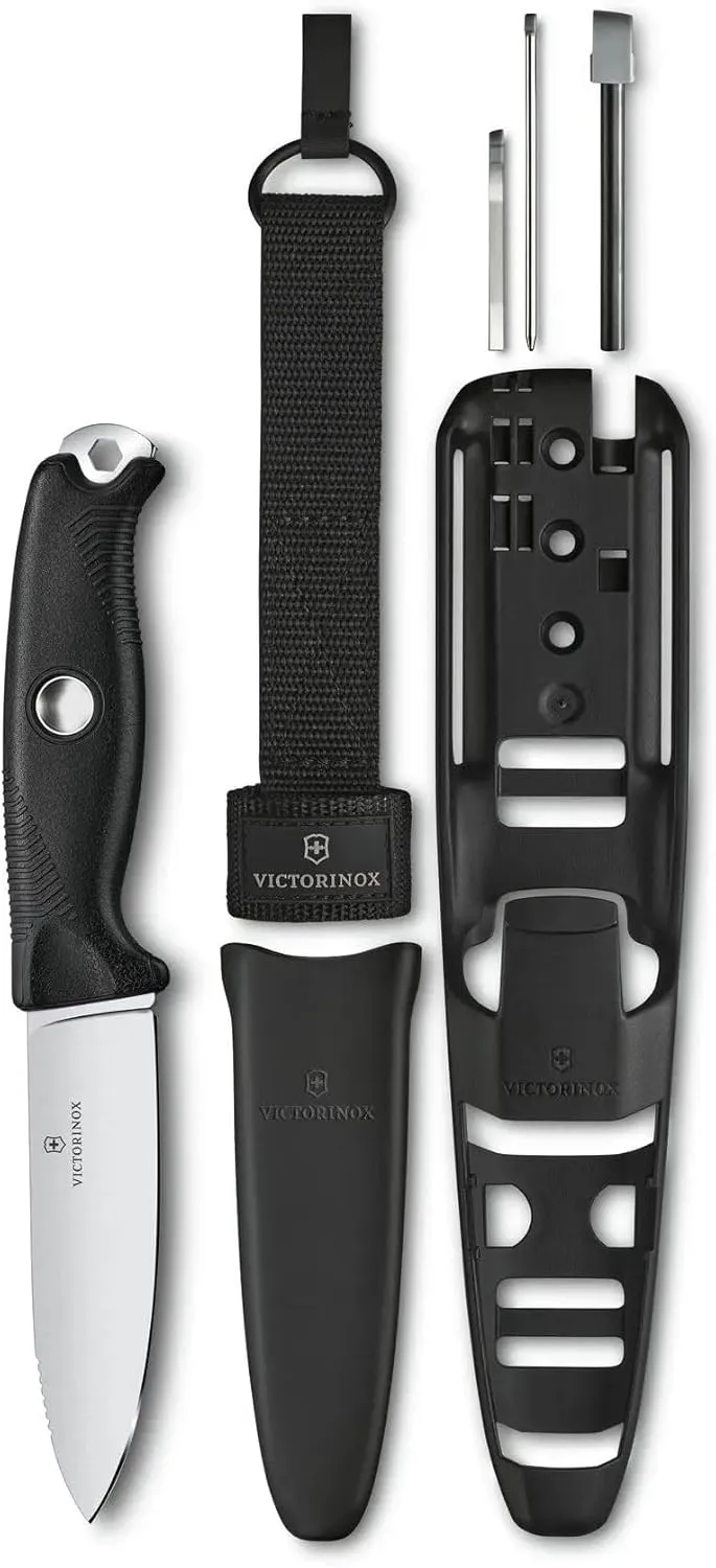 Victorinox Venture Pro Fixed-Blade Full Tang Stainless Steel Outdoor Knife - Bow Drill Divot, Durable Black Handle, Swiss Army Design, Ideal for Camping and Survival