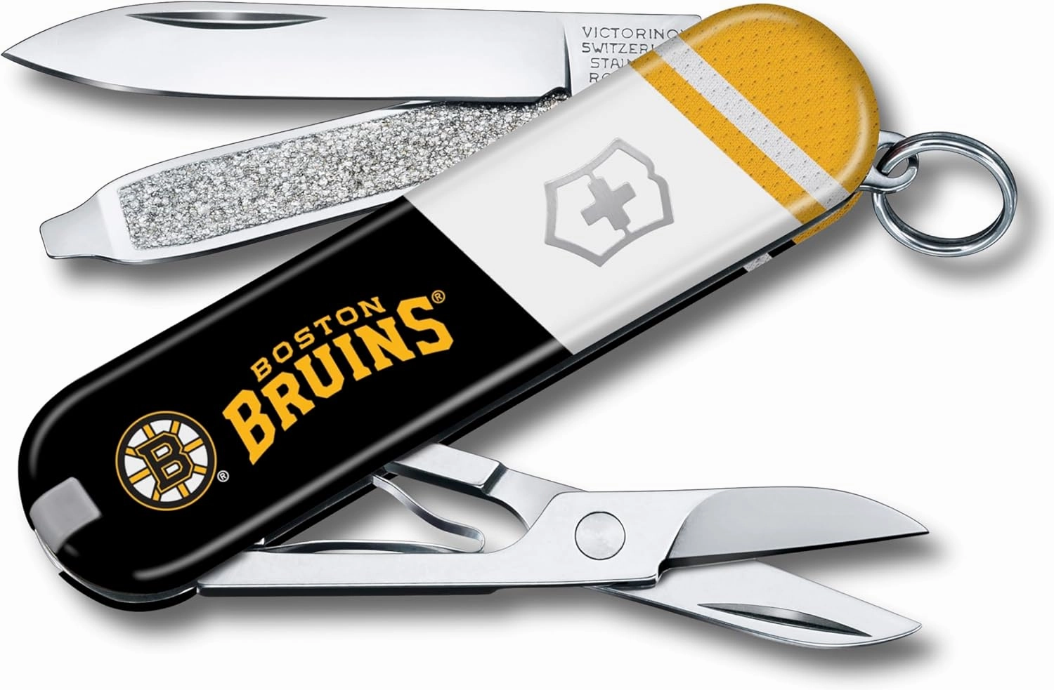 Victorinox Classic SD Swiss Army Knife – Compact 7 Function Swiss Made Pocket Knife with Small Blade, Screwdriver and Key Ring – Boston Bruins