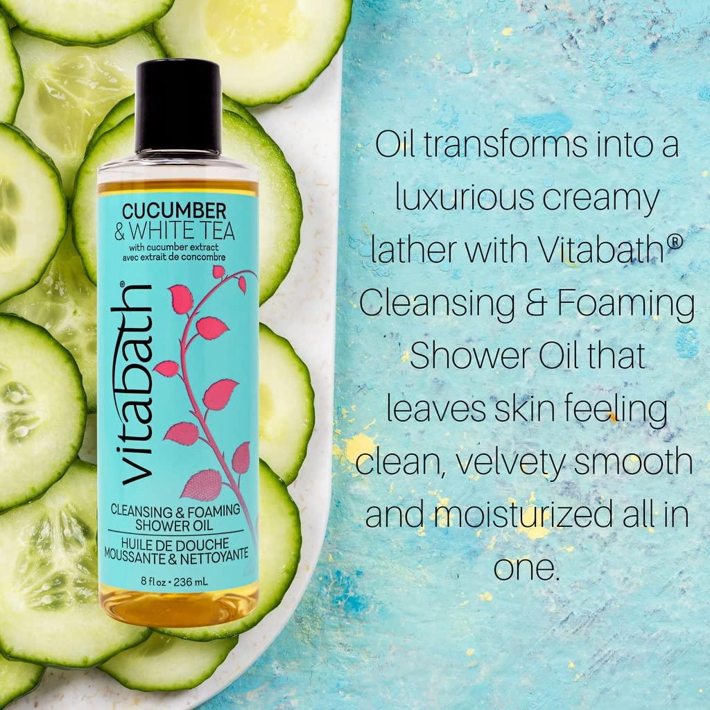 Vitabath Cucumber & White Tea Cleansing & Foaming Shower Oil Refreshing Nourishing Body Wash & Hydrate - Daily Essential Dry Skin Quench for Women & Men - 8 fl oz