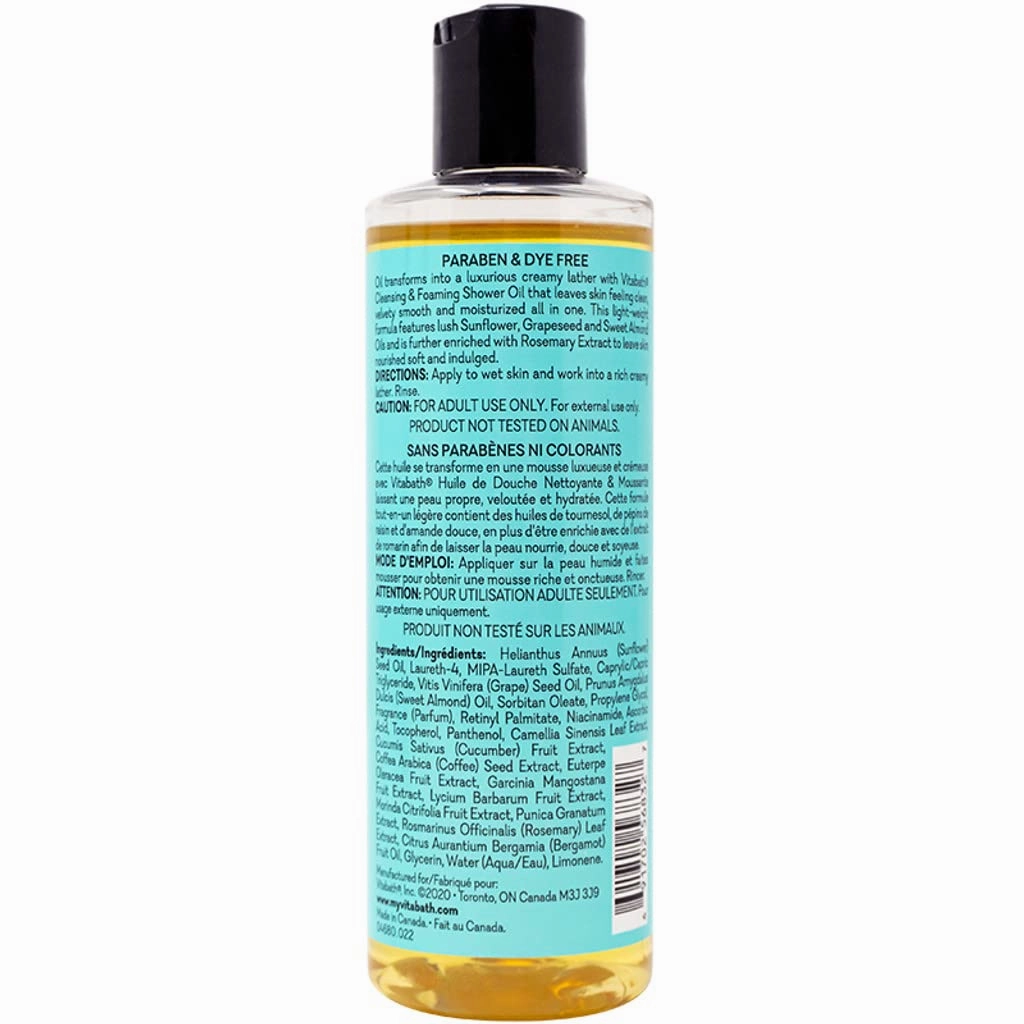 Vitabath Cucumber & White Tea Cleansing & Foaming Shower Oil Refreshing Nourishing Body Wash & Hydrate - Daily Essential Dry Skin Quench for Women & Men - 8 fl oz