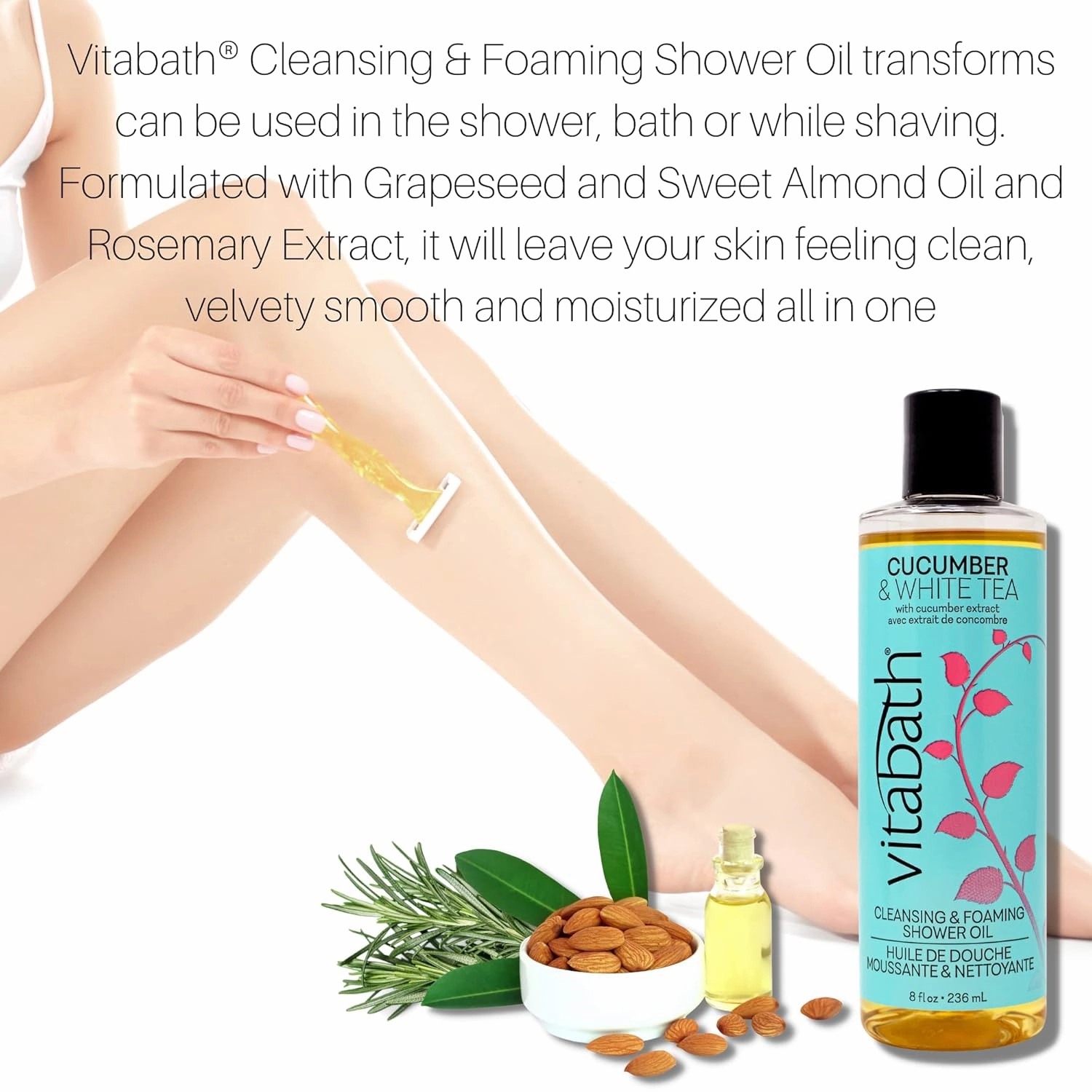 Vitabath Cucumber & White Tea Cleansing & Foaming Shower Oil Refreshing Nourishing Body Wash & Hydrate - Daily Essential Dry Skin Quench for Women & Men - 8 fl oz