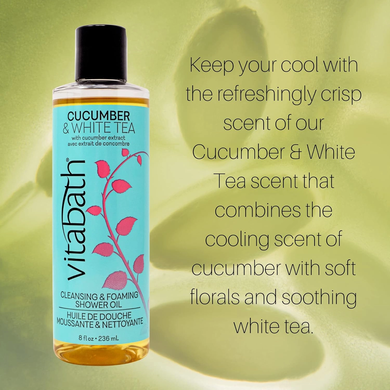 Vitabath Cucumber & White Tea Cleansing & Foaming Shower Oil Refreshing Nourishing Body Wash & Hydrate - Daily Essential Dry Skin Quench for Women & Men - 8 fl oz