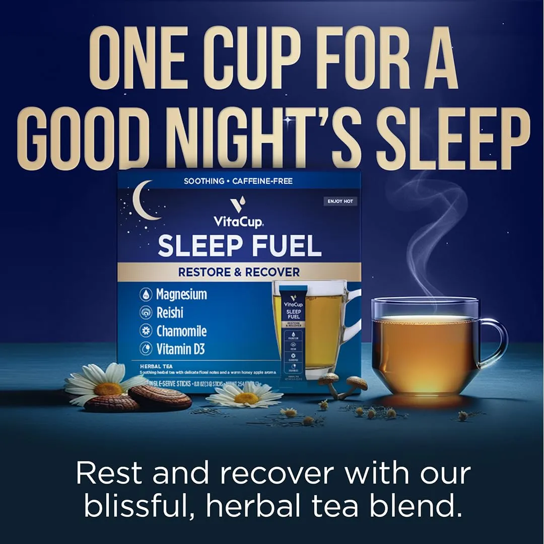VitaCup Sleep Fuel Instant Tea Packets for Deep REM Sleep, Relax & De-Stress w/Chamomile, Magnesium, Vitamin D3, Coconut Water, Coconut Milk, Potassium, Calming for Full Body Relaxation, 24Ct