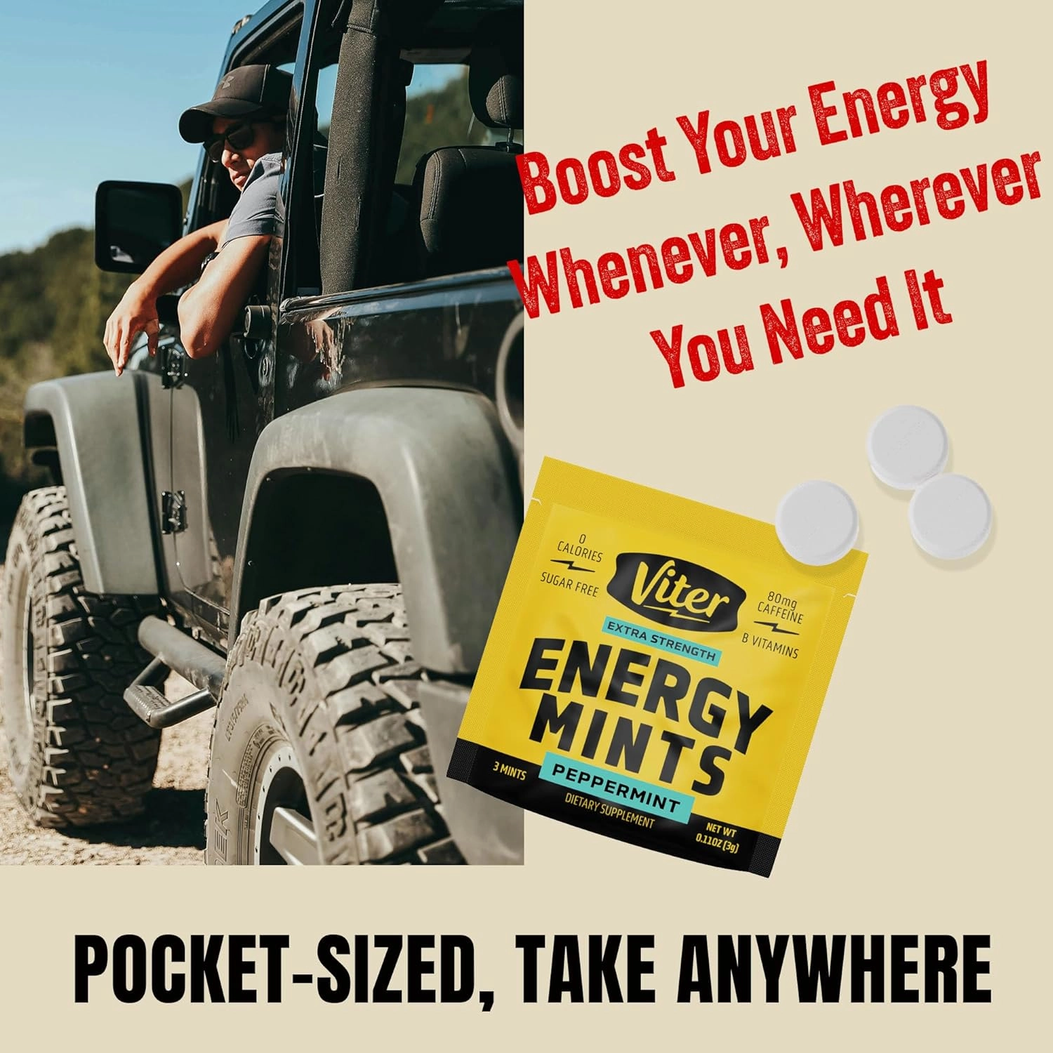 Viter Energy Caffeine Mints 80mg Extra Strength - 90 Pieces Caffeinated with B Vitamins. Sugar Free Vegan Breath Mint. Energize Nootropic Focus Booster for Fast Alertness (Peppermint Flavor, 30 Pack)