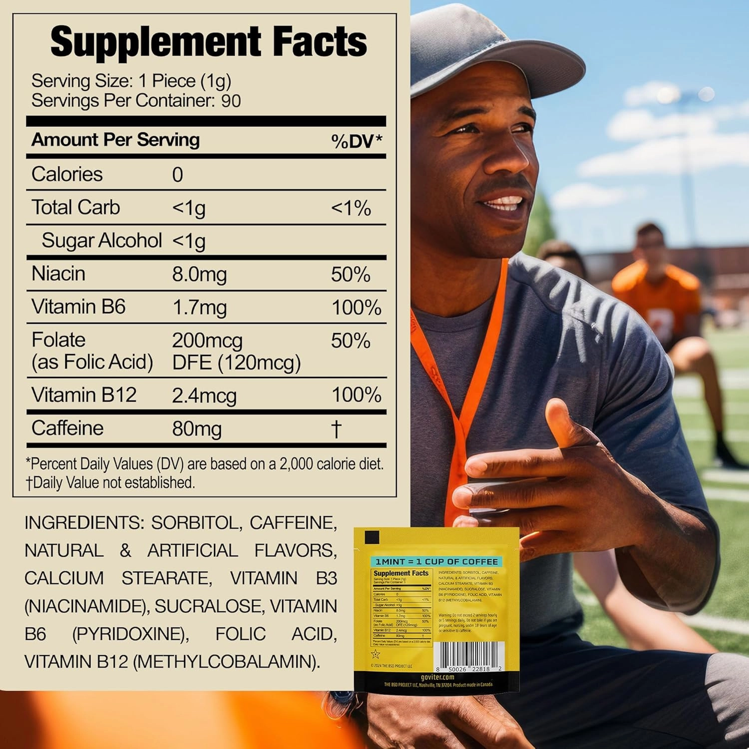 Viter Energy Caffeine Mints 80mg Extra Strength - 90 Pieces Caffeinated with B Vitamins. Sugar Free Vegan Breath Mint. Energize Nootropic Focus Booster for Fast Alertness (Peppermint Flavor, 30 Pack)