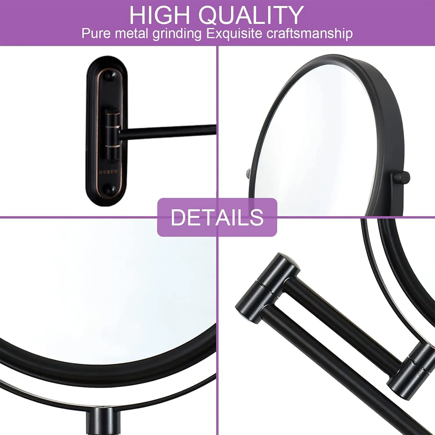 Wall Mounted Makeup Mirror 6 Inch 10X, Wall Mounted Makeup Mirror for Bathroom - Magnification Two-Sided 360° Rotatable Extendable Mirror (Black)