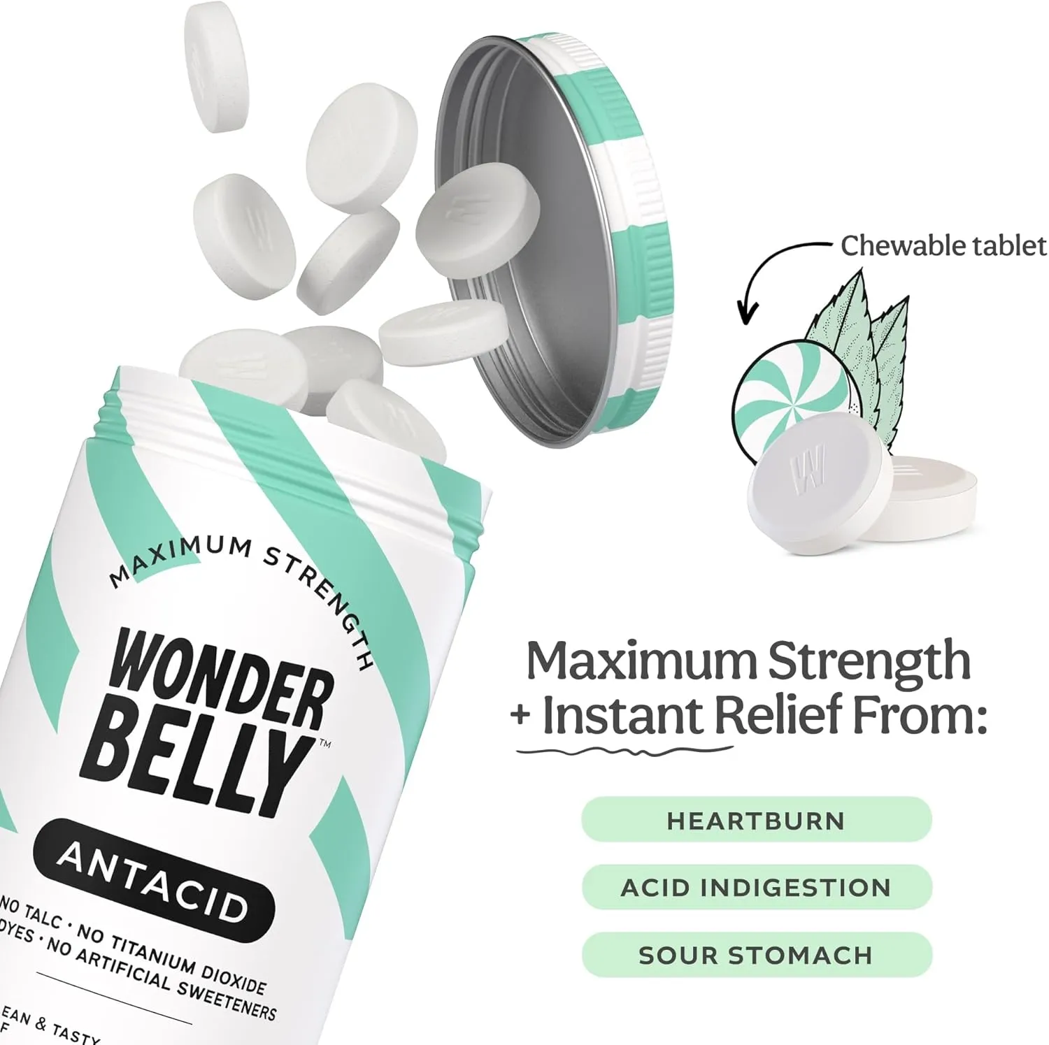 Wonderbelly Antacid, Effective Heartburn and Instant Acid Indigestion Relief, Extra Strength Chewable Tablets, 1000 mg Calcium Carbonate, No Talc or Dye, Sweet Mint, 120 Count
