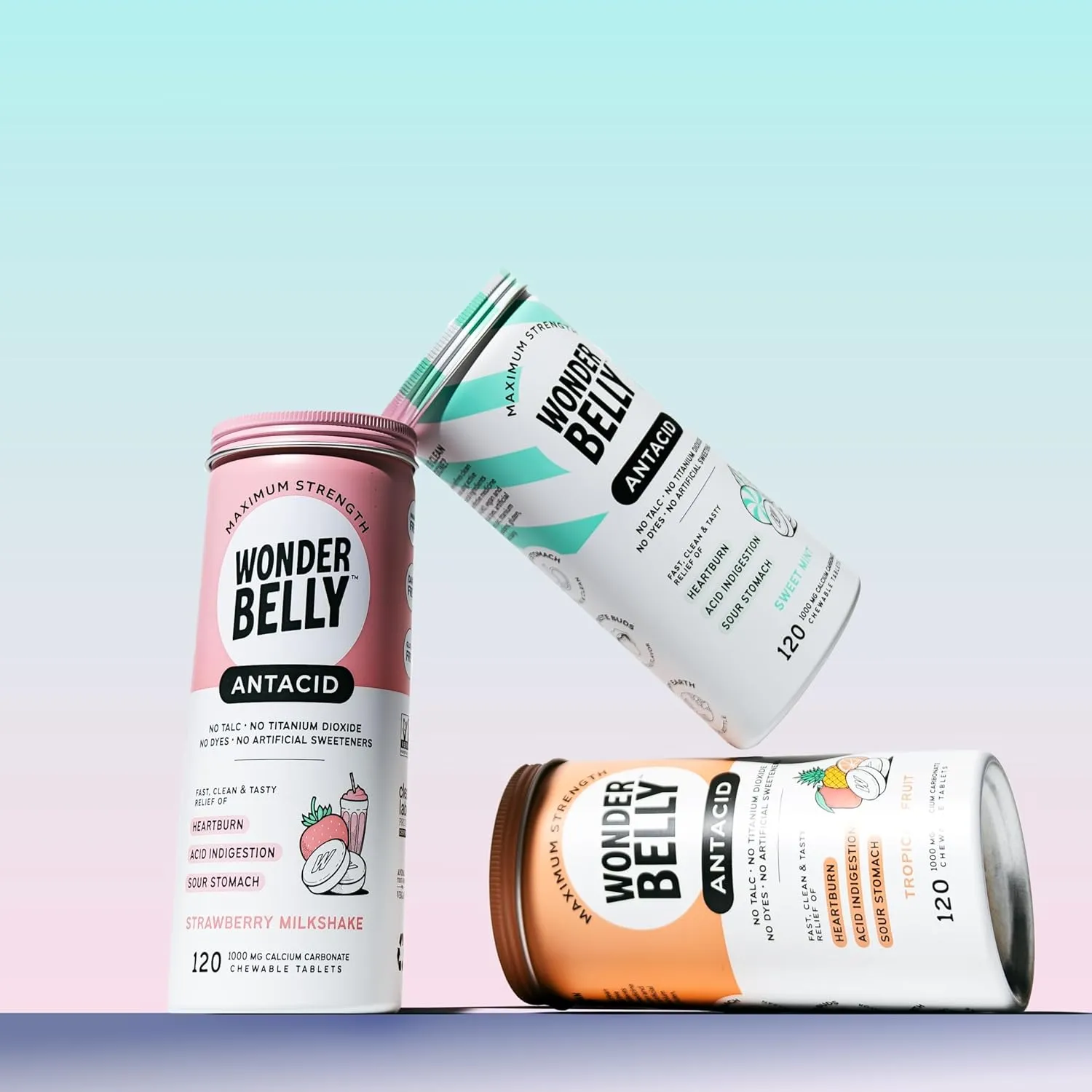Wonderbelly Antacid, Effective Heartburn and Instant Acid Indigestion Relief, Extra Strength Chewable Tablets, 1000 mg Calcium Carbonate, No Talc or Dye, Sweet Mint, 120 Count