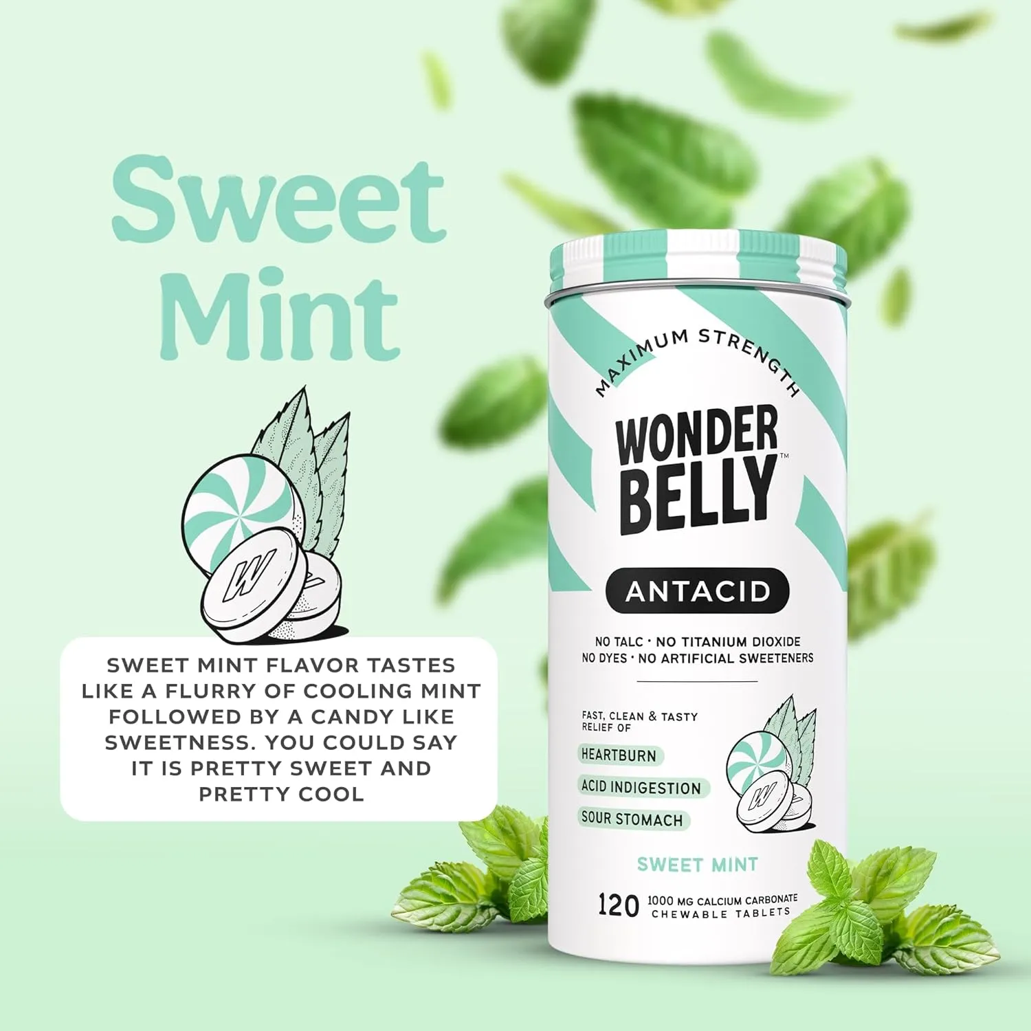 Wonderbelly Antacid, Effective Heartburn and Instant Acid Indigestion Relief, Extra Strength Chewable Tablets, 1000 mg Calcium Carbonate, No Talc or Dye, Sweet Mint, 120 Count