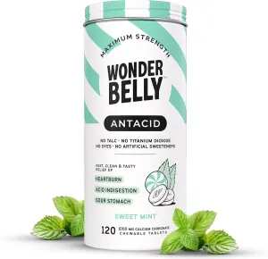 Wonderbelly Antacid, Effective Heartburn and Instant Acid Indigestion Relief, Extra Strength Chewable Tablets, 1000 mg Calcium Carbonate, No Talc or Dye, Sweet Mint, 120 Count