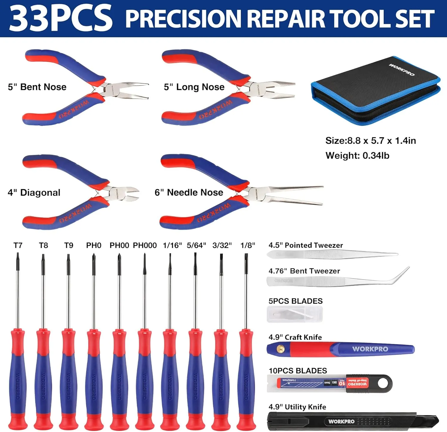 WORKPRO 33PCS Precision Repair Tool Set Includes Pliers Set, Screwdrivers Set, Craft & Utility Knife, Tweezers, Electronic Repair Tool Kit with Pouch for Laptops, Phones, Computer & Gaming Accessories