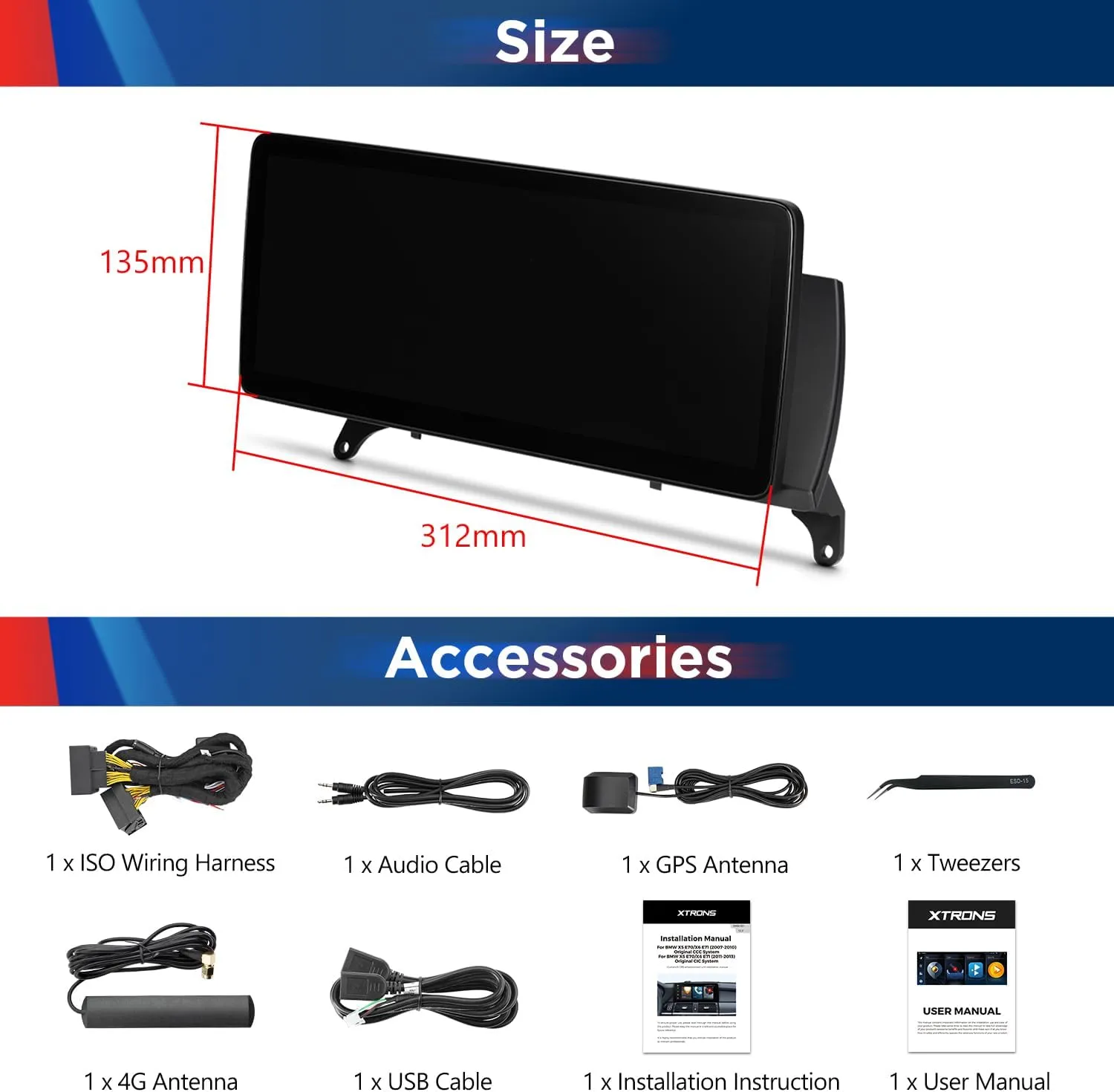 XTRONS 12.3 Inch Android 14 Car Stereo for BMW X5 E70 X6 E71 2007-2010 CCC System, IPS Touch Screen 4 64GB Global 4G Car Radio GPS Navigation Support Wireless Car Play Android Auto