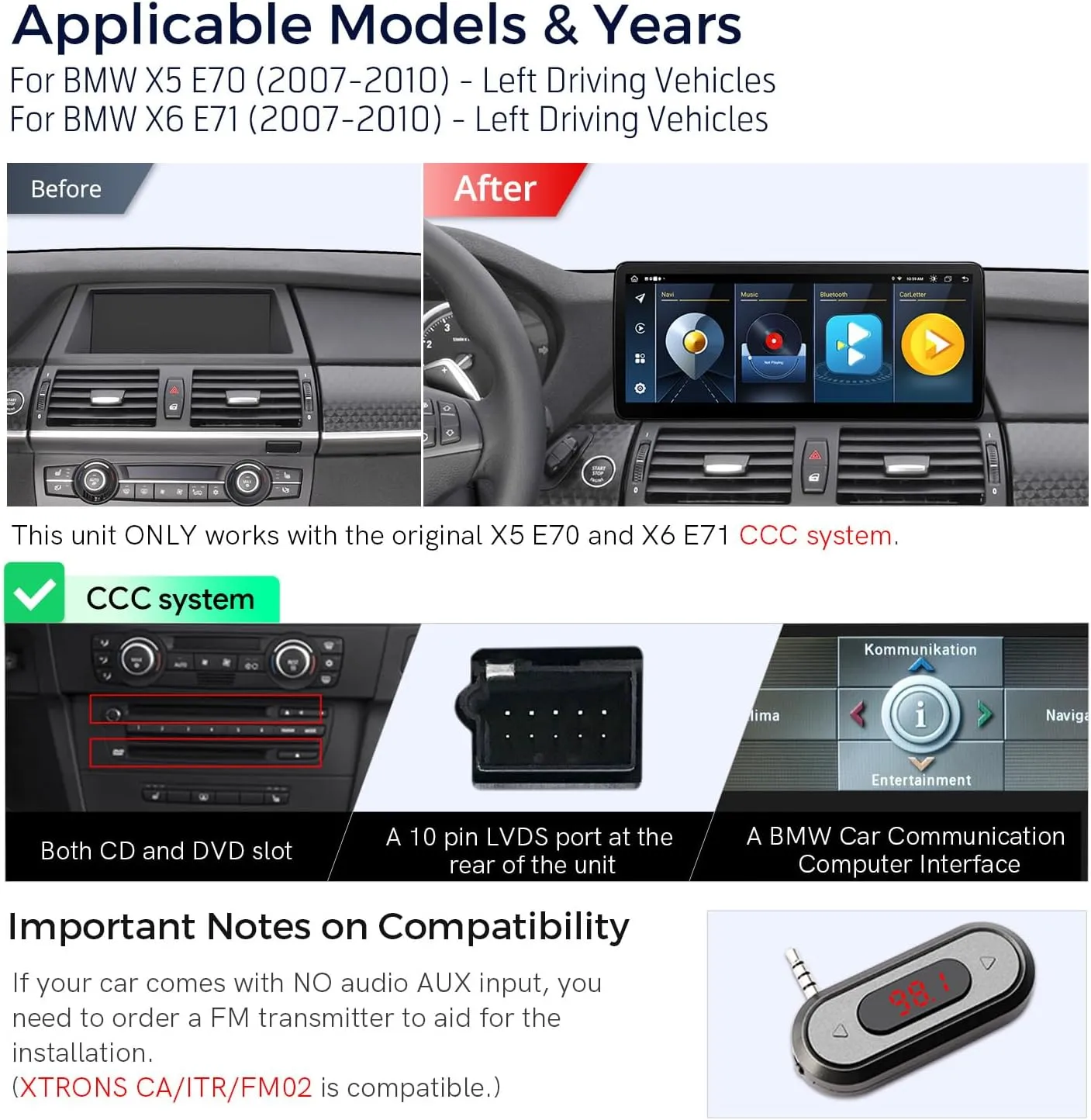 XTRONS 12.3 Inch Android 14 Car Stereo for BMW X5 E70 X6 E71 2007-2010 CCC System, IPS Touch Screen 4 64GB Global 4G Car Radio GPS Navigation Support Wireless Car Play Android Auto
