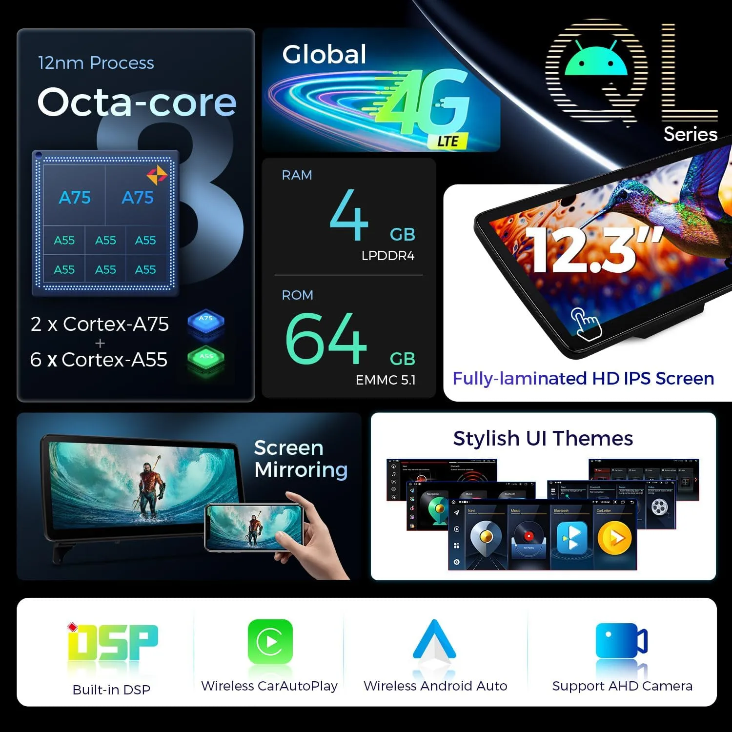 XTRONS 12.3 Inch Android 14 Car Stereo for BMW X5 E70 X6 E71 2007-2010 CCC System, IPS Touch Screen 4 64GB Global 4G Car Radio GPS Navigation Support Wireless Car Play Android Auto