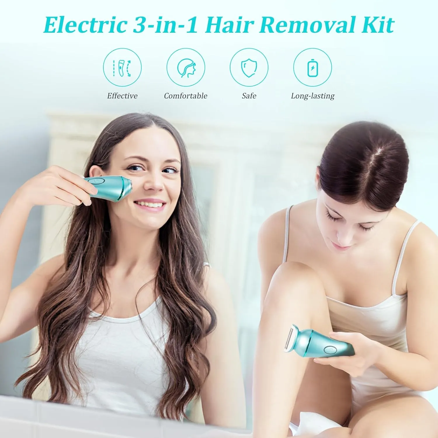 YHC Epilator for Women – 3-in-1 Facial & Body Hair Remover, Wet & Dry Electric Shaver for Legs, Arms & Bikini, Cordless, Waterproof, USB Rechargeable (Blue)