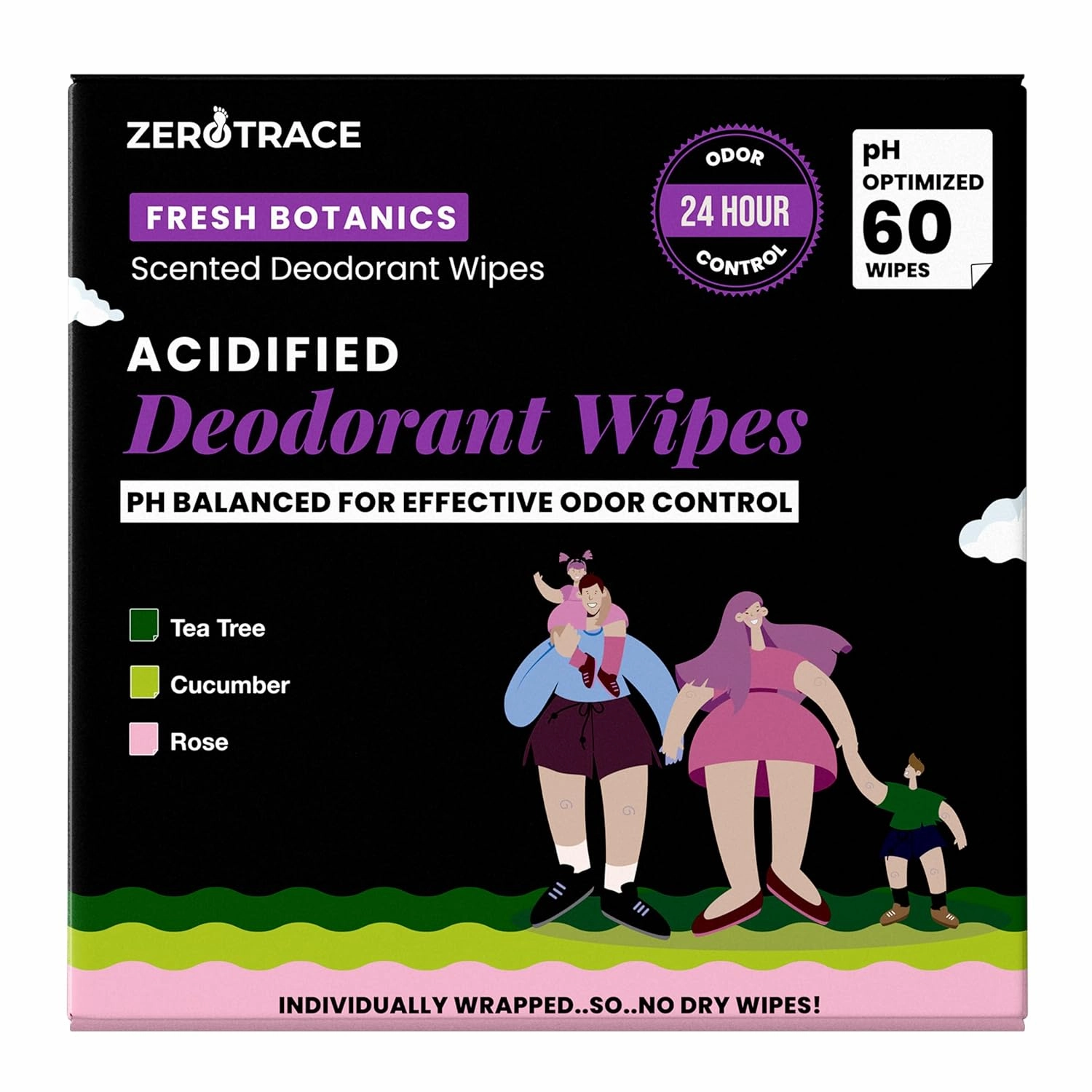 Zero Trace Travel Deodorant Wipes - 60 Count- 24 Hour Odor Control - Aluminum Free Hypoallergenic Mini Deodorant For Women and Men - Individually Wrapped Underarm & Body Wipes- Fresh Botanics