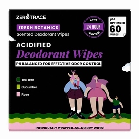 Zero Trace Travel Deodorant Wipes - 60 Count- 24 Hour Odor Control - Aluminum Free Hypoallergenic Mini Deodorant For Women and Men - Individually Wrapped Underarm & Body Wipes- Fresh Botanics